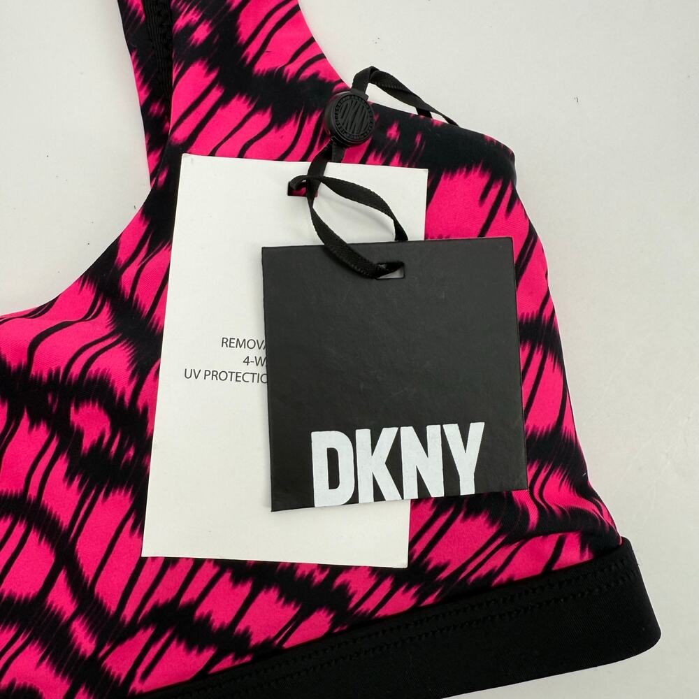 DKNY Bikini Top Size Medium NWT Printed Square Neck Hot Pink Black Swim Sporty - Picture 4 of 13